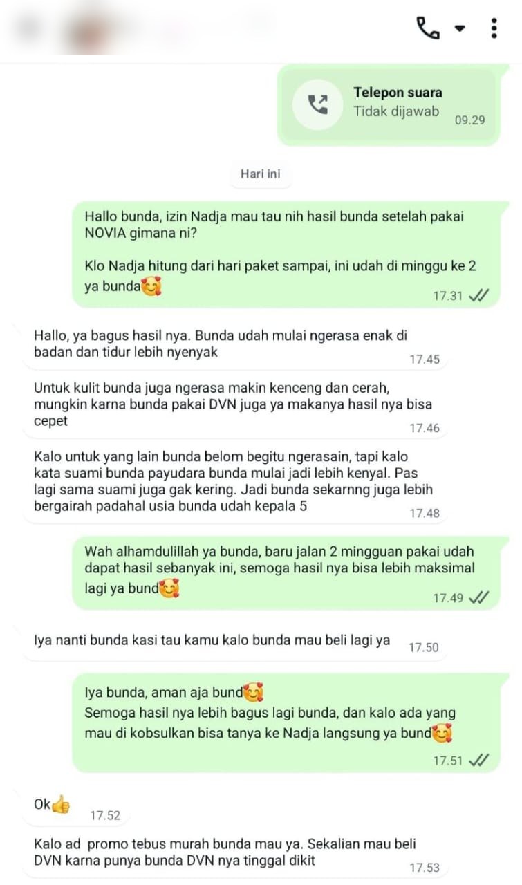 Testimoni chat WhatsApp customer NOVIA
