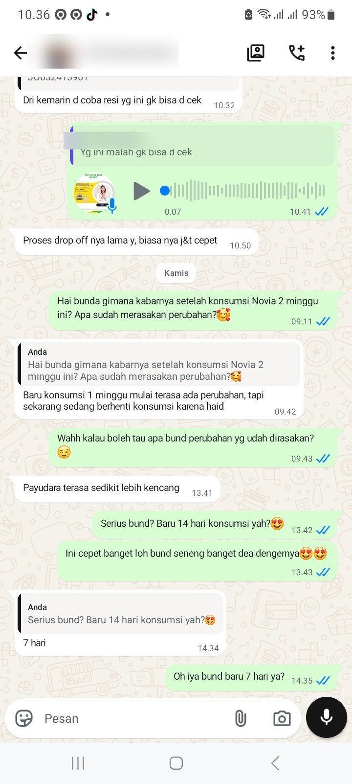 Testimoni chat WhatsApp customer NOVIA
