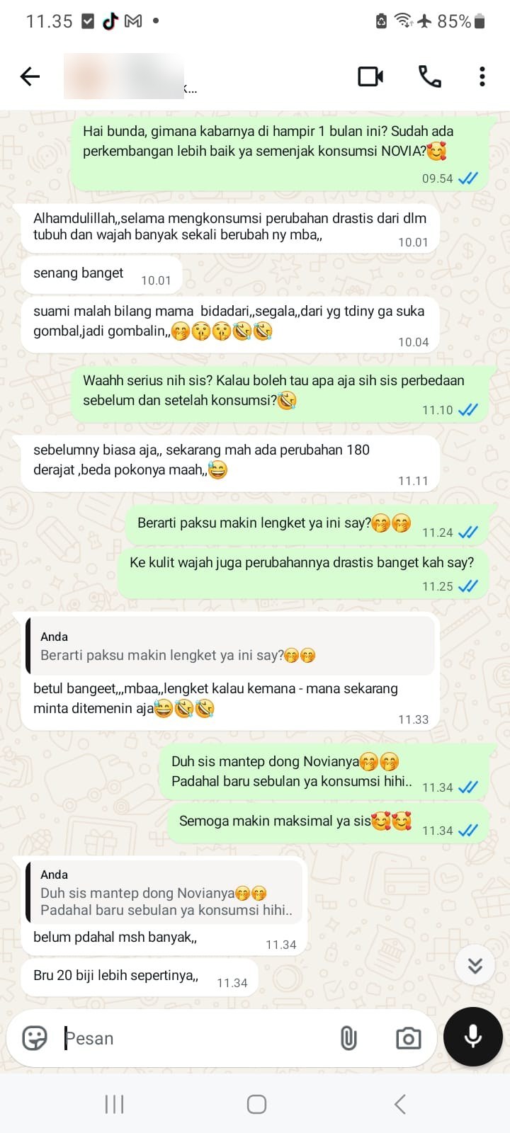 Testimoni chat WhatsApp customer NOVIA