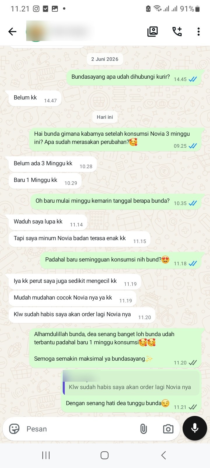 Testimoni chat WhatsApp customer NOVIA